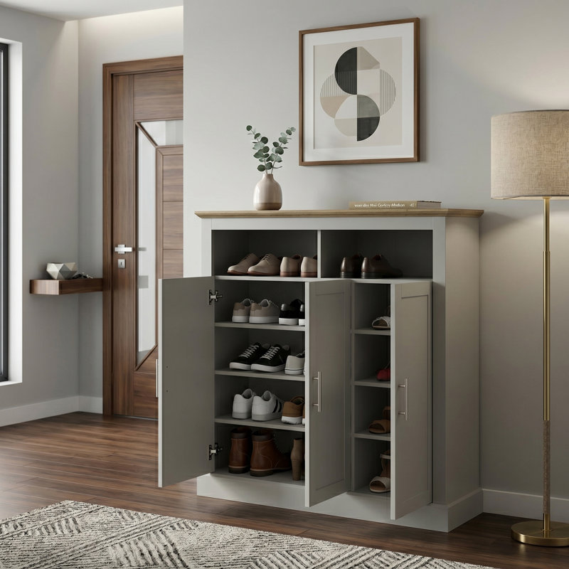 Sufy 3 Door Shoe Cabinet with Open Shelves, Light Grey