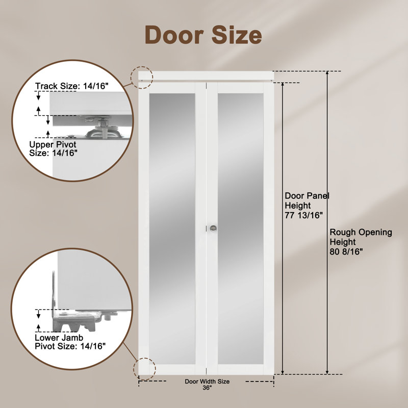 80''&96''H 1-Lite Mirrored Door Solid Manufactured Wood Bi-Fold Door with Installation Hardware Kit, 36" x 80"
