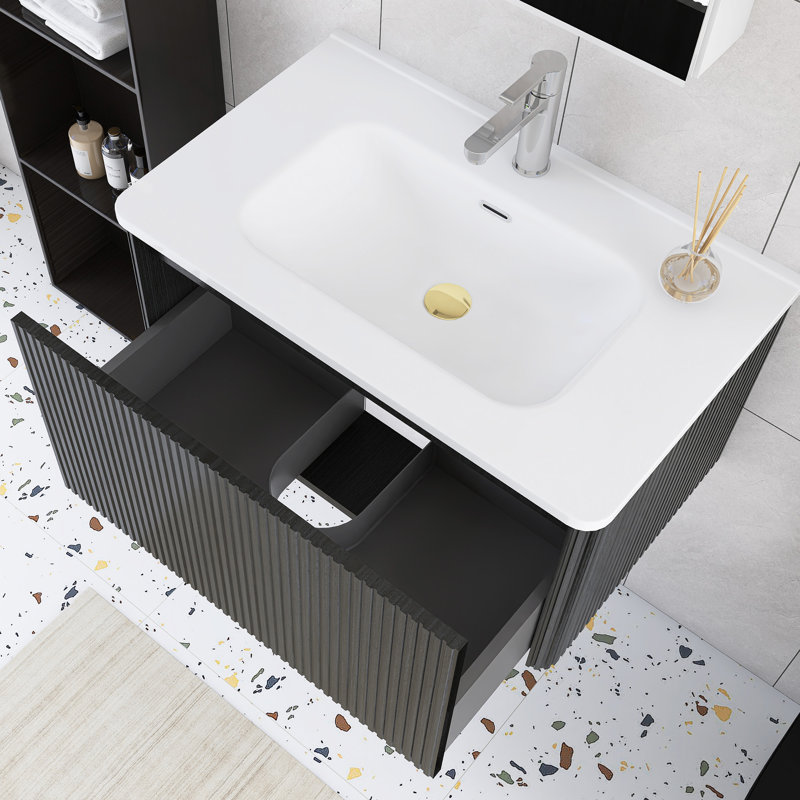 Meuble-lavabo mural simple 30 po avec comptoir en céramique blanche, Noir, noir, noir, noir