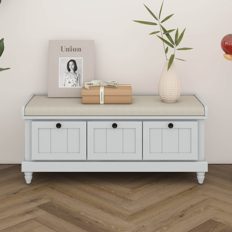 Banc à chaussures avec coussin et trois tiroirs, banc de rangement avec compartiment de rangement caché, banc d'entrée cannelé avec rangement