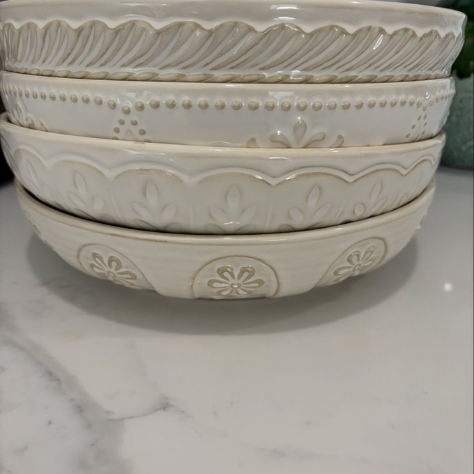 Artena 9.75" Large Ceramic Pasta Bowls (Set of 4), 50oz Deep Dinner Bowls for Salad, Soup, and Stew - Embossed Farmhouse Style - Microwave & Dishwasher Safe - Multiple patterns (Set of 4) - 9.75 inch