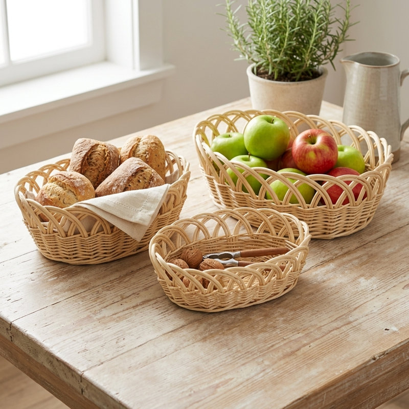Ensemble de 3 paniers en saule avec bordures décoratives Accalia, Beige