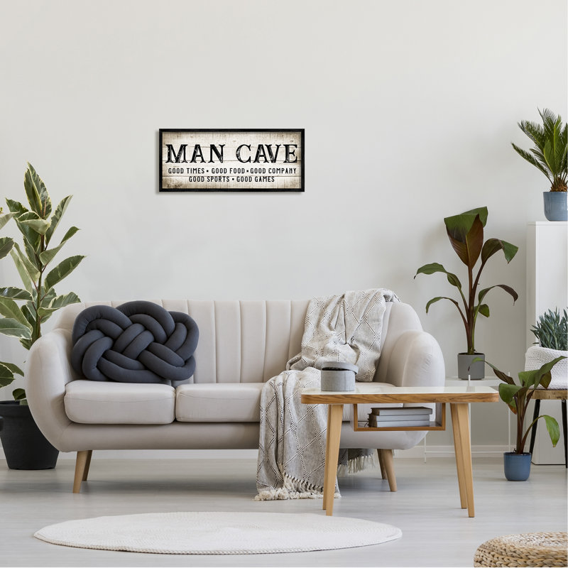 «Man Cave» par CAD Designs - Art textuel sur bois avec cadre flottant, Giclée encadrée noir minuit