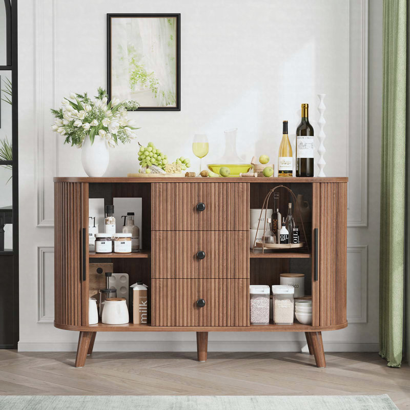 Sideboard Buffet Cabinet with Sliding Tambour Doors, 3 Drawer Storage Cabinet with Adjustable Shelves, Walnut