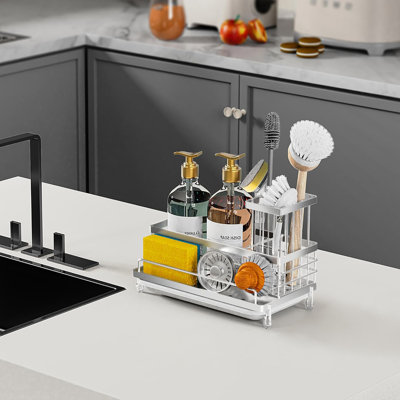 Large Capacity Rustproof & Non-Slip Kitchen Sink Caddy With Dish Brush Holder Organizer