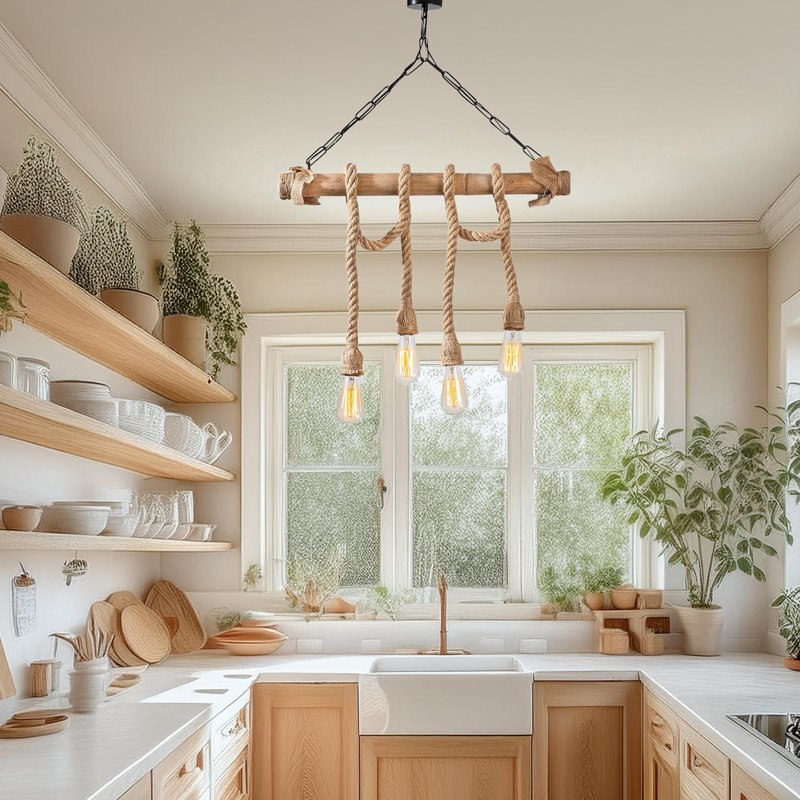 Lustre 3 lumières pour îlot de cuisine en bois avec capuchon en métal