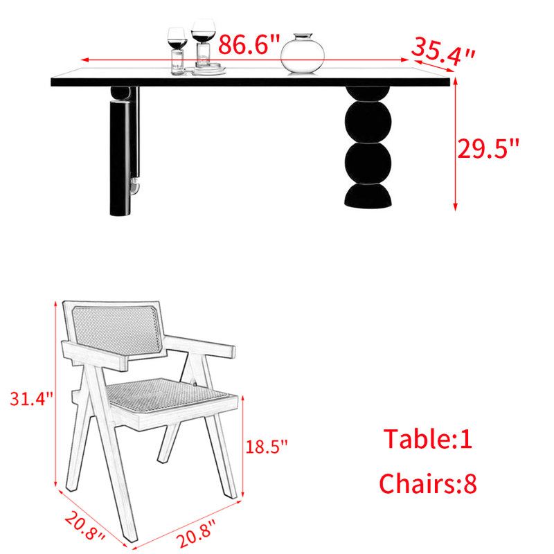 Ensemble de table à manger en bois massif de style français., 9, H 29,5 po x L 86,6 po x l 35,4 po