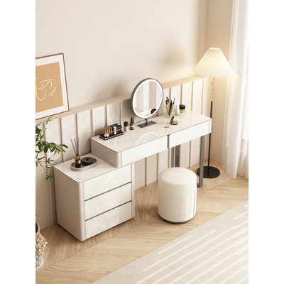 Modern Vanity Table Set w/ LED Mirror & Stool, Saddle Leather Makeup Desk Combo, Stainless Steel , Rock Panel, Storage Drawers for Bedroom Dressing Table