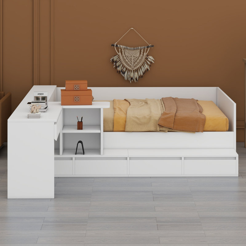Wooden Platform Bed With Drawers, Shelves And Dressing Table, White