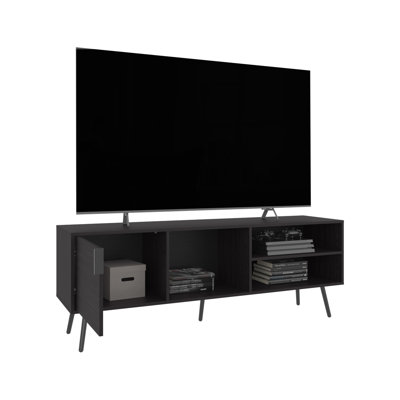 Meuble télé moderne de 63 po en noir. Armoire et 3 tablettes ouvertes, gestion par câble, construction stable, convient aux téléviseurs de 60 à 69 po, espace de vie à construire, intérieur de la maison