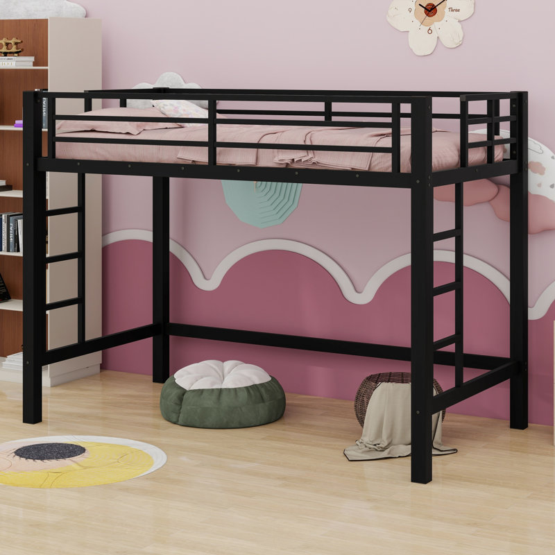 Metal Loft Bed With Ladder And Guardrails, Twin XL