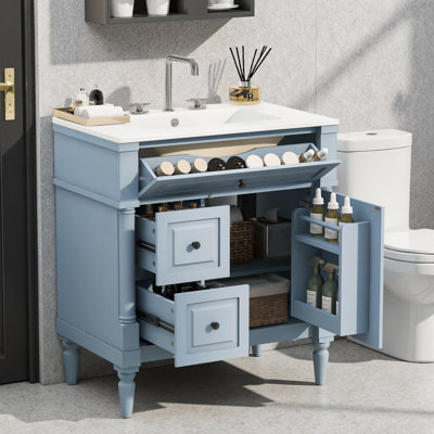 Meuble-lavabo autoportant de 30 pouces avec lavabo, tiroir rabattable et support de rangement noir