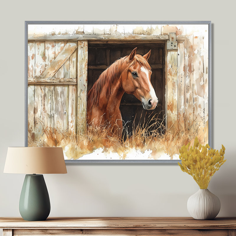 Portrait de cheval à la grange III - art mural sur toile, H 16 po x l 32 po, Impression sur cadre flottant, Argent argent