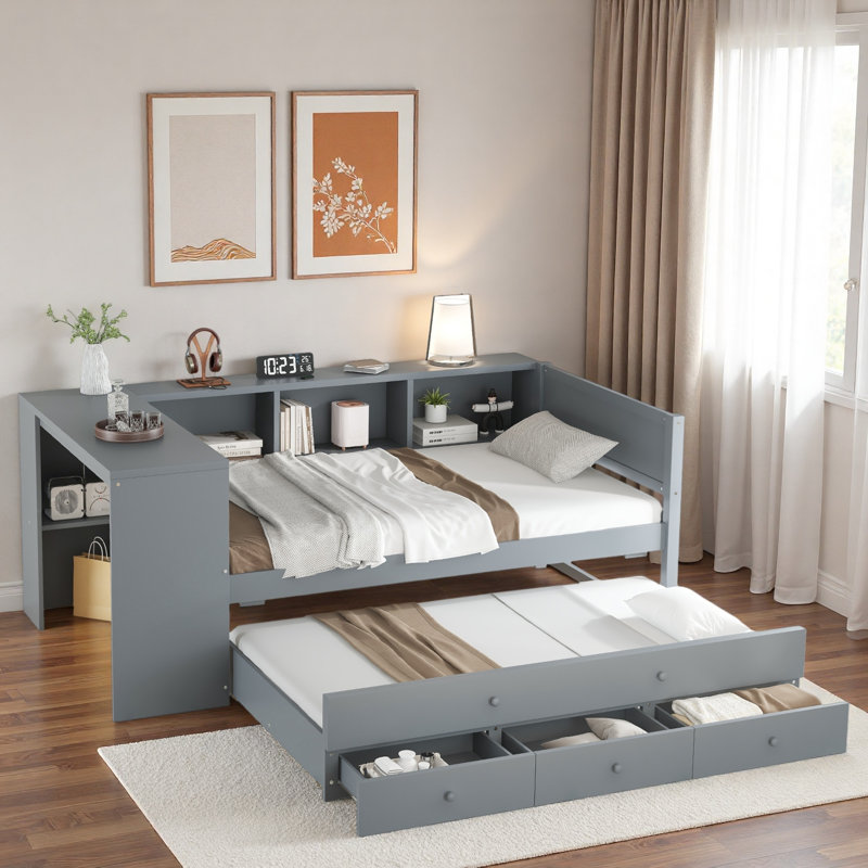 Wood Daybed With Trundle, Storage Drawers, Side Shelves And Desk, Gray, Full/Double