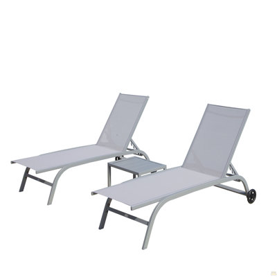 Chaise Lounge Outdoor Set Of 3, Lounge Chairs For Outside With Wheels, Outdoor Lounge Chairs With 5 Adjustable Position, Pool Lounge Chairs For Patio, Beach(Grey,2 Lounge Chairs+1 Table)