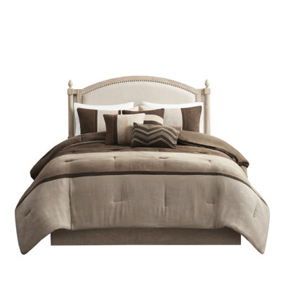 Queen Brown Faux Suede Comforter - 7 Piece , Luxury Bedding Queen,