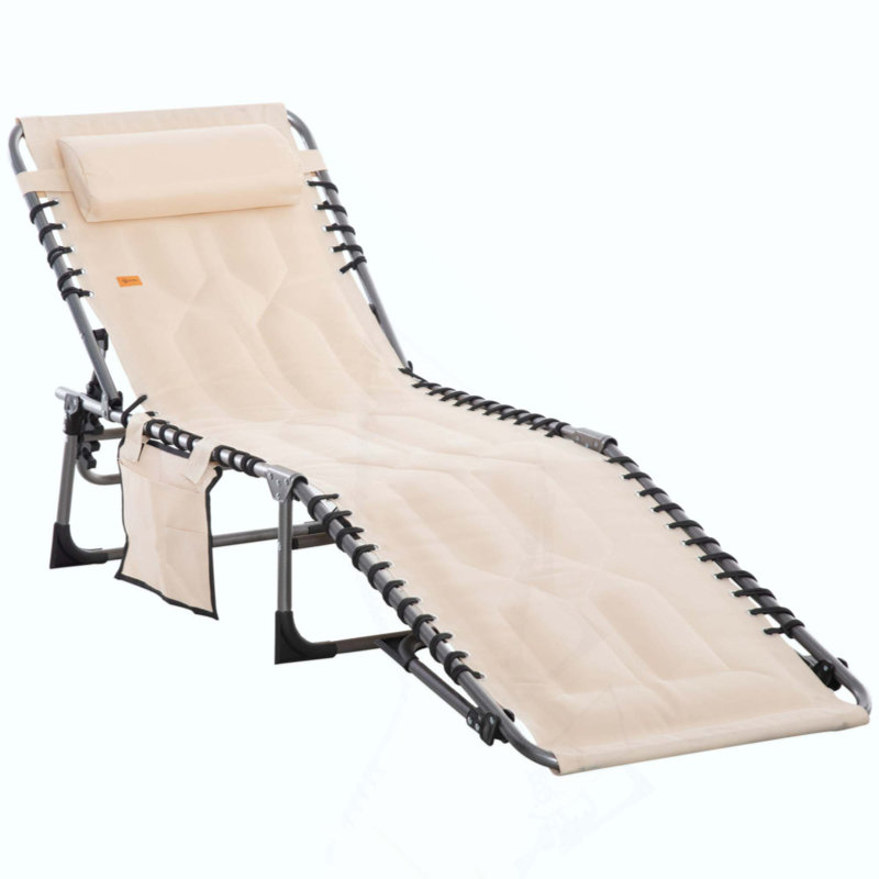 Padded Folding Chaise Lounge Chair, Outdoor 6-Level Reclining Camping Chair With Headrest For Beach, Yard, Patio, Pool