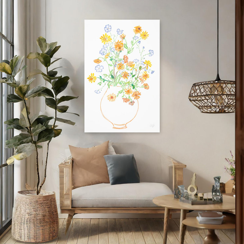 Art contemporain contemporain coloré délicat avec fleur rose délicate, H 48 po x l 32 po