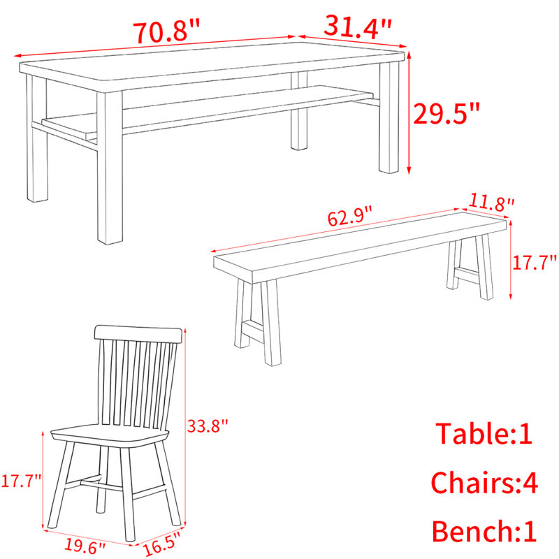 Modern simple solid wood dining table set., 29.5"H x 70.8"L x 31.4"W