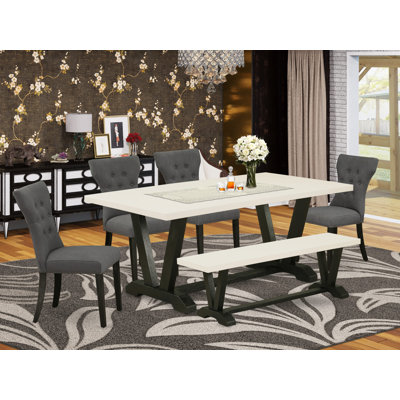 L'ensemble de salle à manger 6 pièces se compose d'une table de cuisine en lin blanc cassé, d'un banc de salle à manger et de 4 chaises de salle à manger en tissu de lin gris foncé Gotham avec dossier capitonné - finition noire brossée