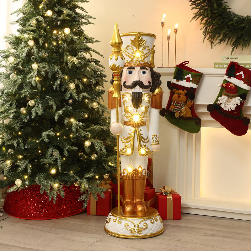 Soldat casse-noisette illuminé blanc et or 4 pi avec sceptre, décor de Noël à pile, H 50,2 po x l 14,96 po x P 14,96 po
