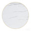 Plateau de table rond en bois aggloméré de 23,6 po avec revêtement en peinture UV, texture de marbre Whiye, bordure en acier inoxydable doré, pieds de table en métal, table basse moderne et luxueuse.