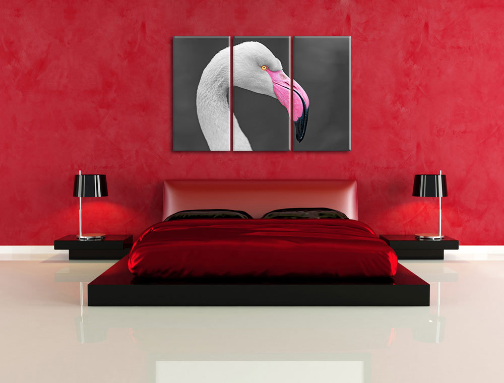 3-tlg. Leinwandbilder-Set „Bildschöner Flamingo im Seitenprofil“, Fotodruck 