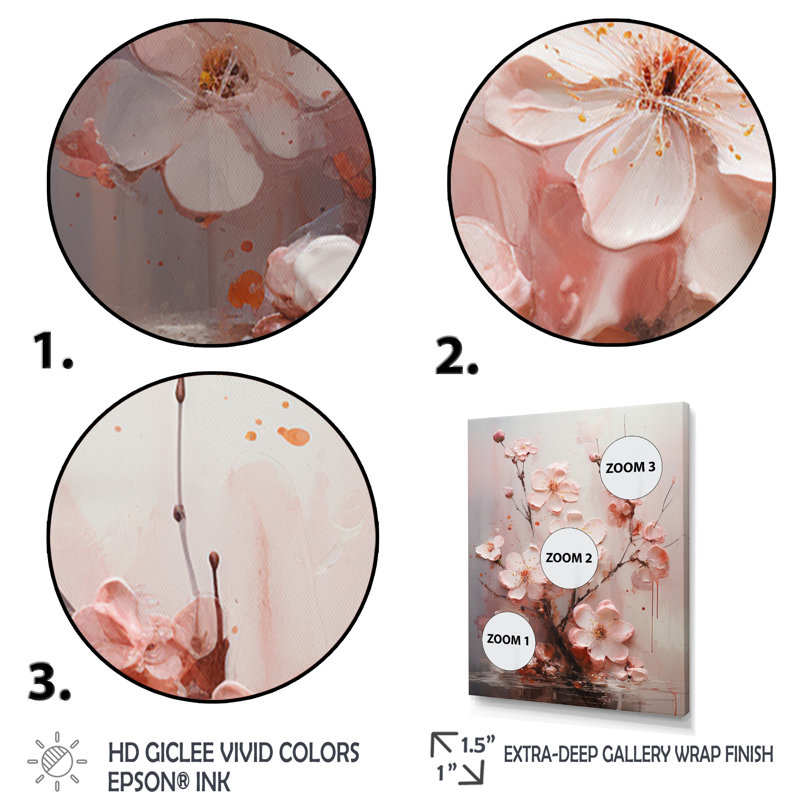 «Minimalist Pink Blossoming Cherr Blossoms I», reproduction sur toile, Cadre doré à une seule photo