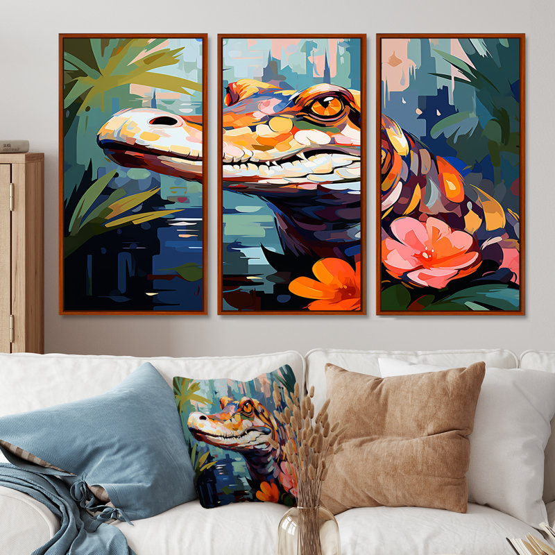 Pop Art alligator Blooms III - crocodile, art mural, H 40 po x l 60 po, Cadre flottant blanc