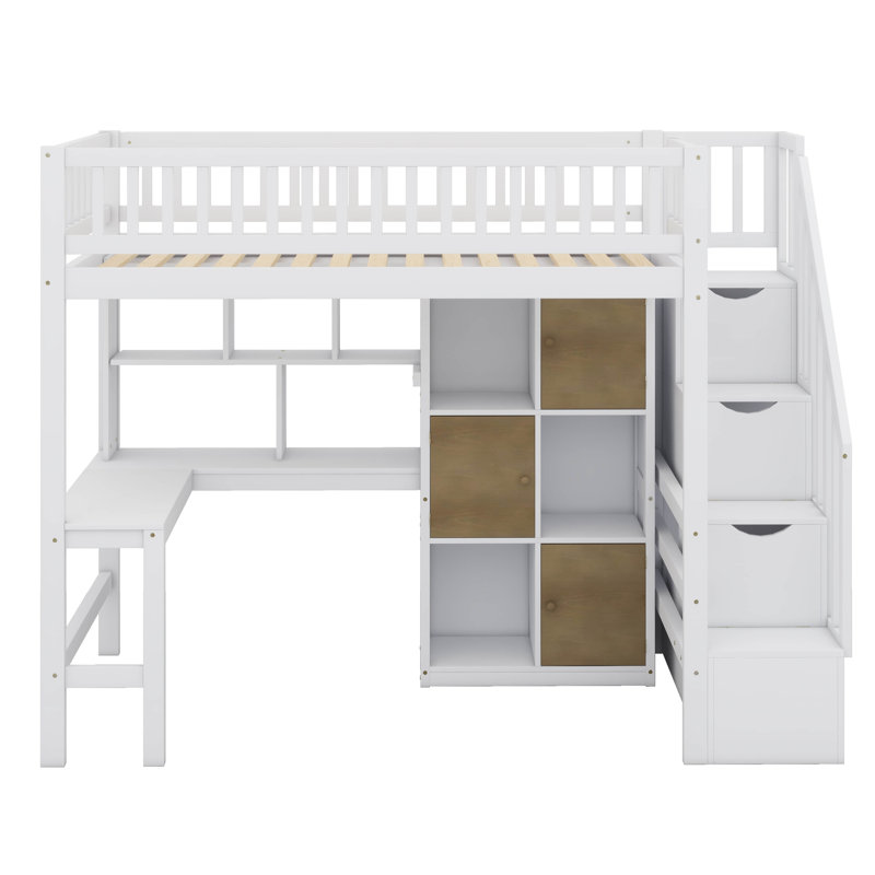 Lit surélevé en bois pour lit simple avec bureau, éclairage à DEL, supports de rangement et armoires, Blanc