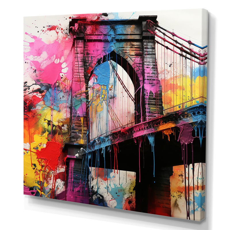Jaune et rose, pont de Pittsburgh - art mural Pittsburgh, Toile tendue, H 16 po x l 16 po x P 1 po