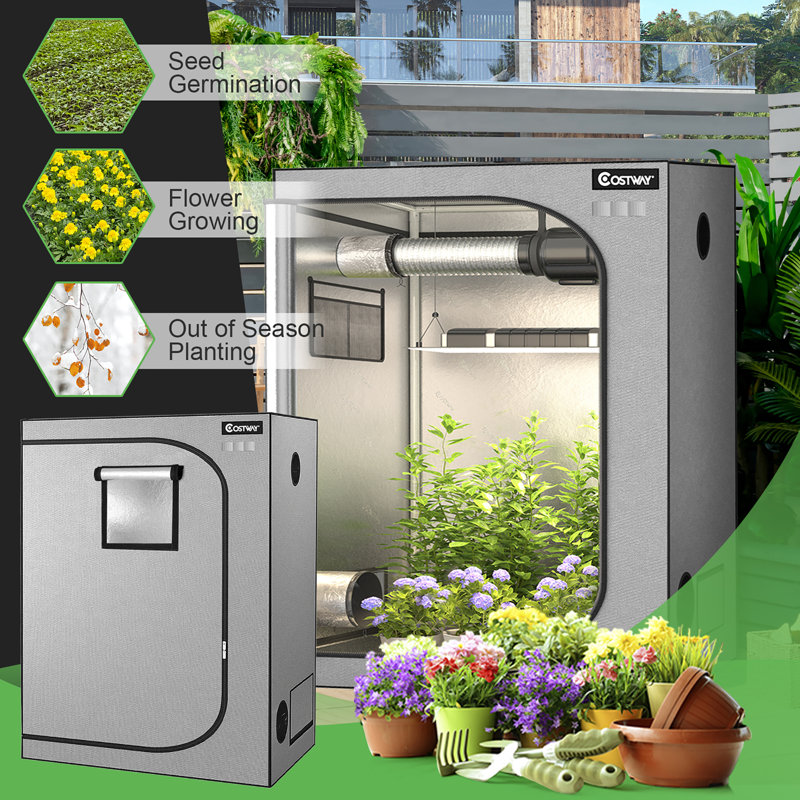 48''''x24''''x60'''' Mylar Hydroponic Grow Tent W/observation Window & Floor Tray Grey