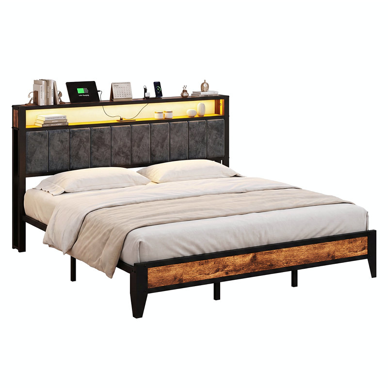 Cradere King Size Bed Frame with Headboard, Upholstered Platform Bed with Storage Shelves and Charging Station, King