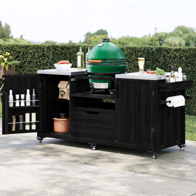 Îlot de cuisine extérieur de 66,5 po pour grands barbecues à œufs verts - Chariot de barbecue en bois massif avec plateau et tiroir en acier inoxydable, convient aux barbecues de table