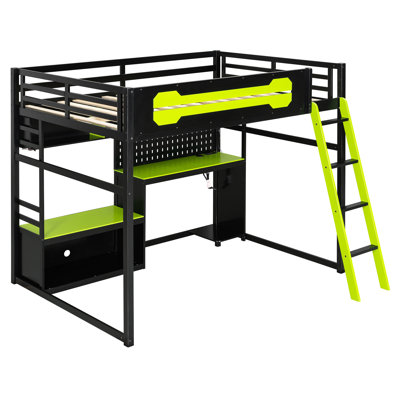 Full Size Loft Bed, Desk, Shelves, Ports, Led Lighting, , Small Dorm Rooms, Keep Desk Tidy Upgrade Your Study Space, Solid Wood Build Quality