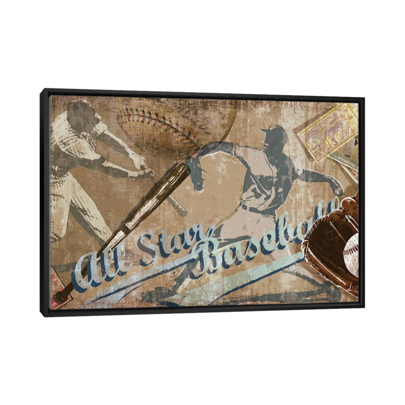 « home run », affiche rétro sur toile tendue, H 18 po x l 26 po x P 1,5 po, Toile encadrée noire, Pas de tapis