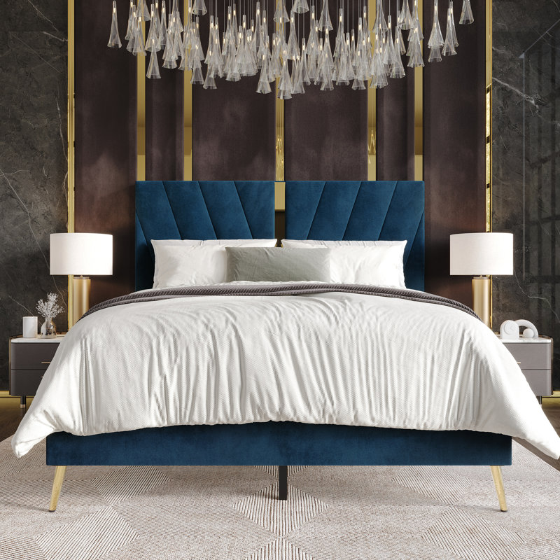 Lit plateforme tapissier Amapola, Double, Bleu marine
