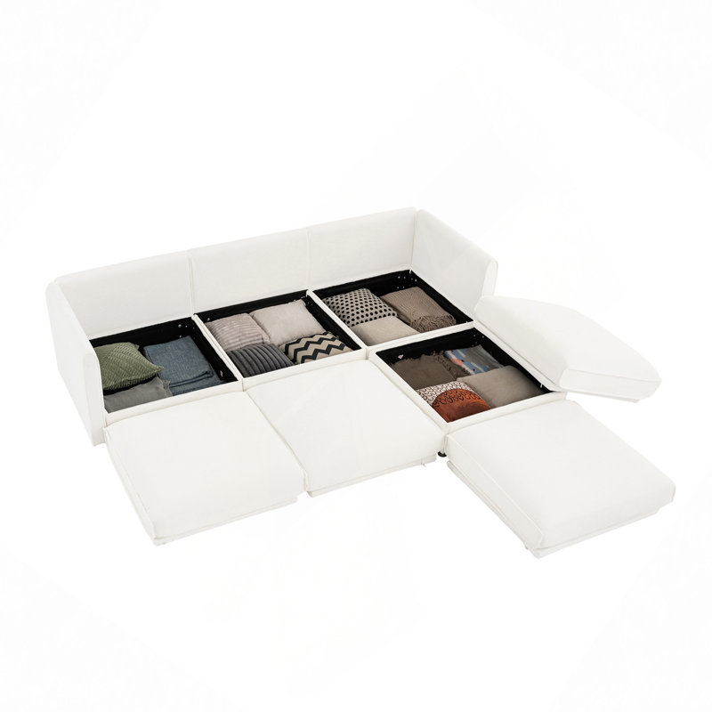 Canapé modulaire, élégant canapé en chenille avec siège de rangement et repose-pieds, dossier cylindrique en forme de L à 3 places et accoudoirs, canapé contemporain en tissu 3 places avec compartiment de rangement caché
