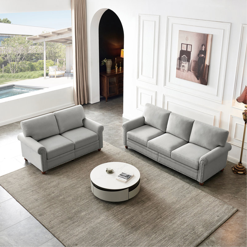 Canapé modulaire 2 + 3 en lin avec revêtement en tissu d'ameublement en lin (gris)