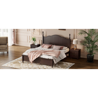 Structure de lit plateforme en bois grand format, lit plateforme de style rétro avec support en lattes de bois, noyer foncé