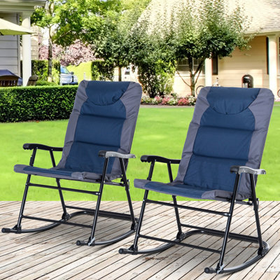 Chaises berçantes d'extérieur bleu marine, 2 meubles de patio, pliables pour le porche, le camping, le balcon, avec 2 pièces souples et pliables en bleu, support