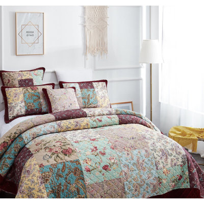 Ensemble de courtepointe en coton bourgogne luxueux à motif patchwork de style bohème