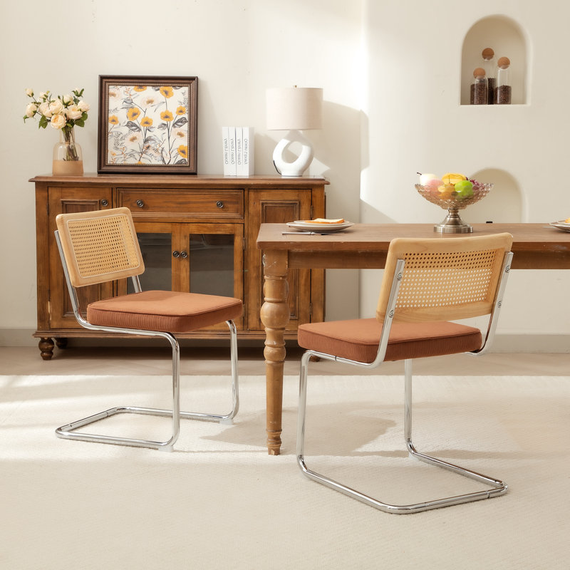Side Chair Dining Chairs With Cane Rattan Back, Corduroy Fabric Brownie Brown, 2