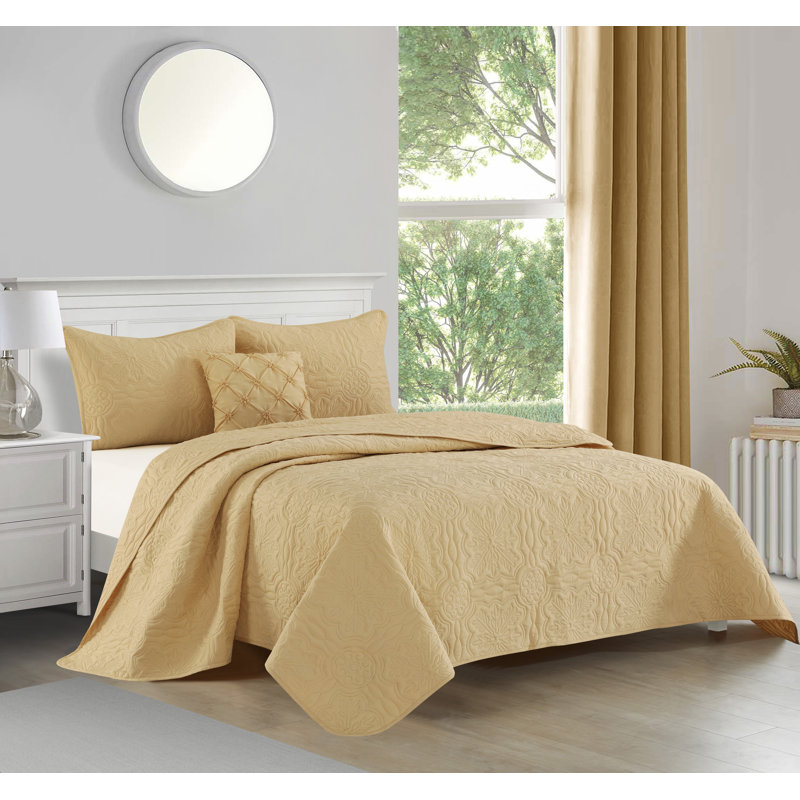 Ensemble de courtepointe en microfibre 4 pièces Jailen, Courtepointe pour lit très grand, deux très gran, Jaune