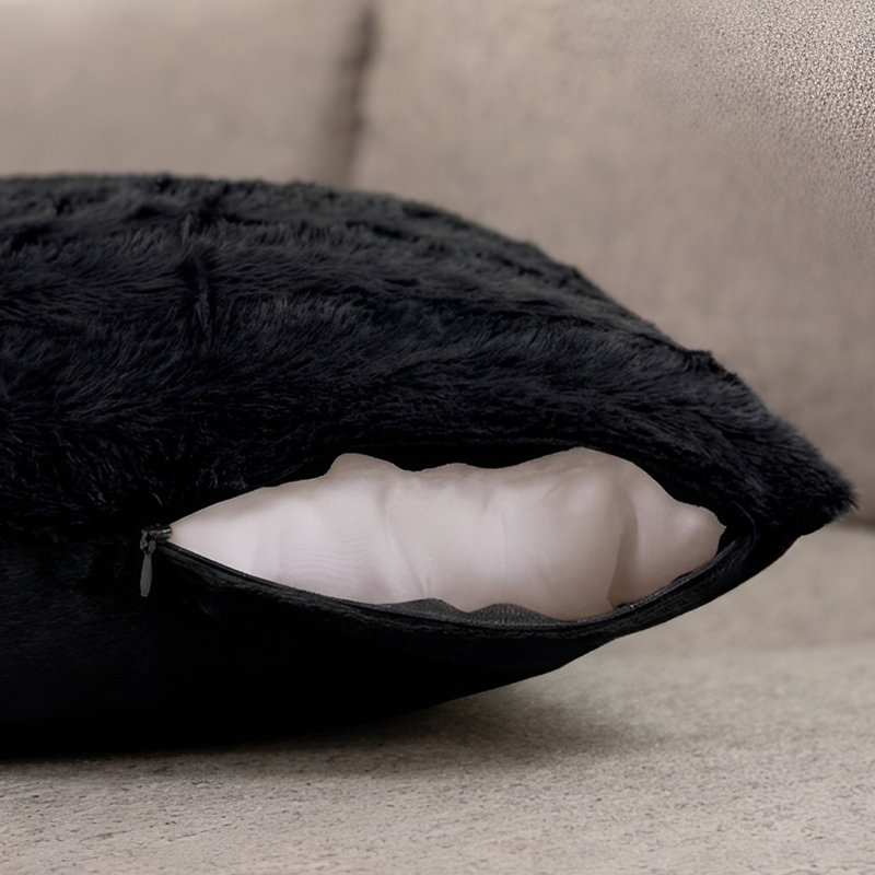  Rectangular Faux Fur Pillow Cover & Insert, Black