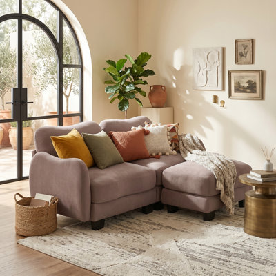 Chenille L-Shaped Sectional Sofa Loveseat with Movable Ottoman, Ergonomic Curve Design & Waist Pillow, Supportive Cloud Couch for Living Room, Modern Small Space Sofa