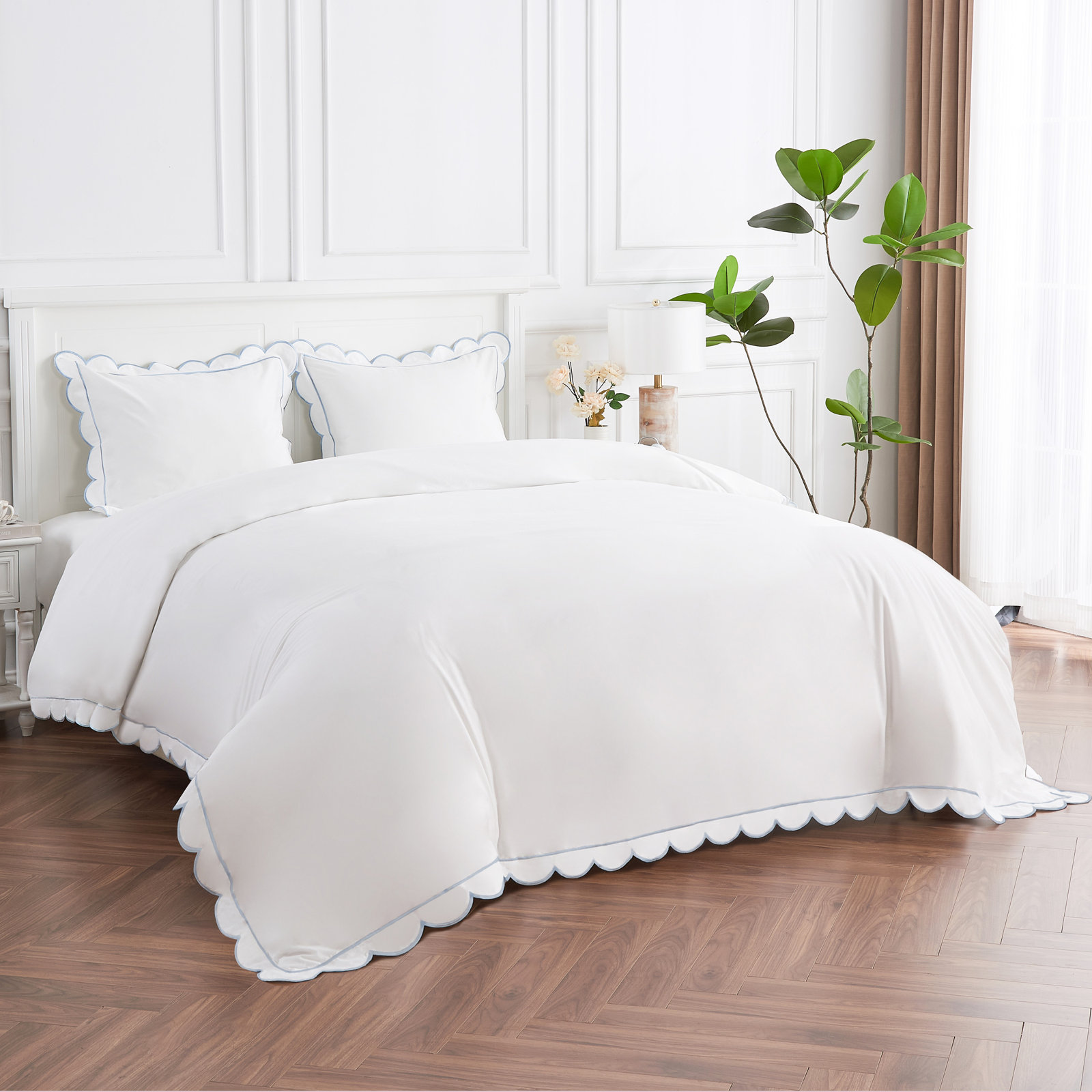 SCALLOP FRAME PERCALE DUVET SET, Blue, King Duvet Cover + 2 King Shams