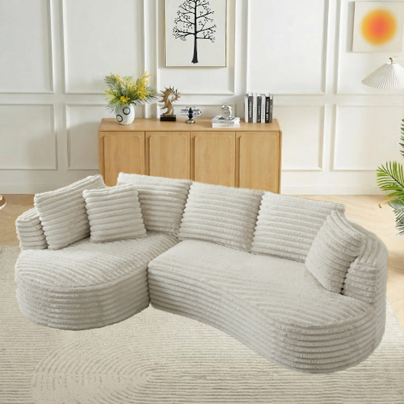 Canapé modulaire incurvé en forme de L 120,9 po en velours côtelé, sans assemblage, Orienté à gauche (vu de face), Crème
