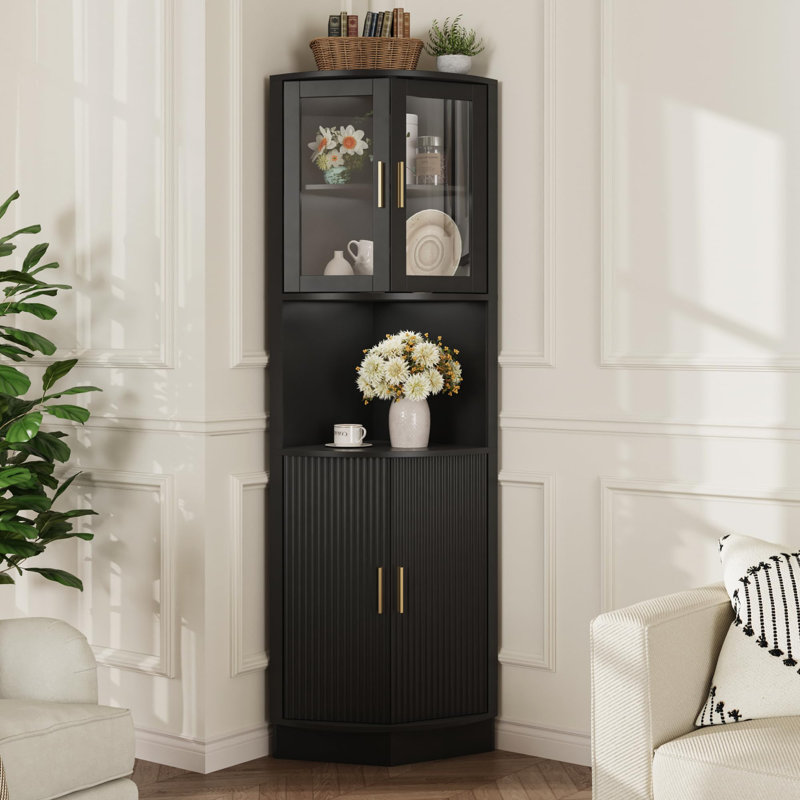 64.9" Tall Corner Cabinet With Glass Door, Black, Gold