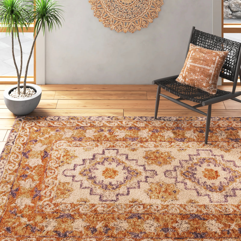 Tapis orange / beige en laine / coton touffeté à la main, Rectangle 6 pi x 9 pi